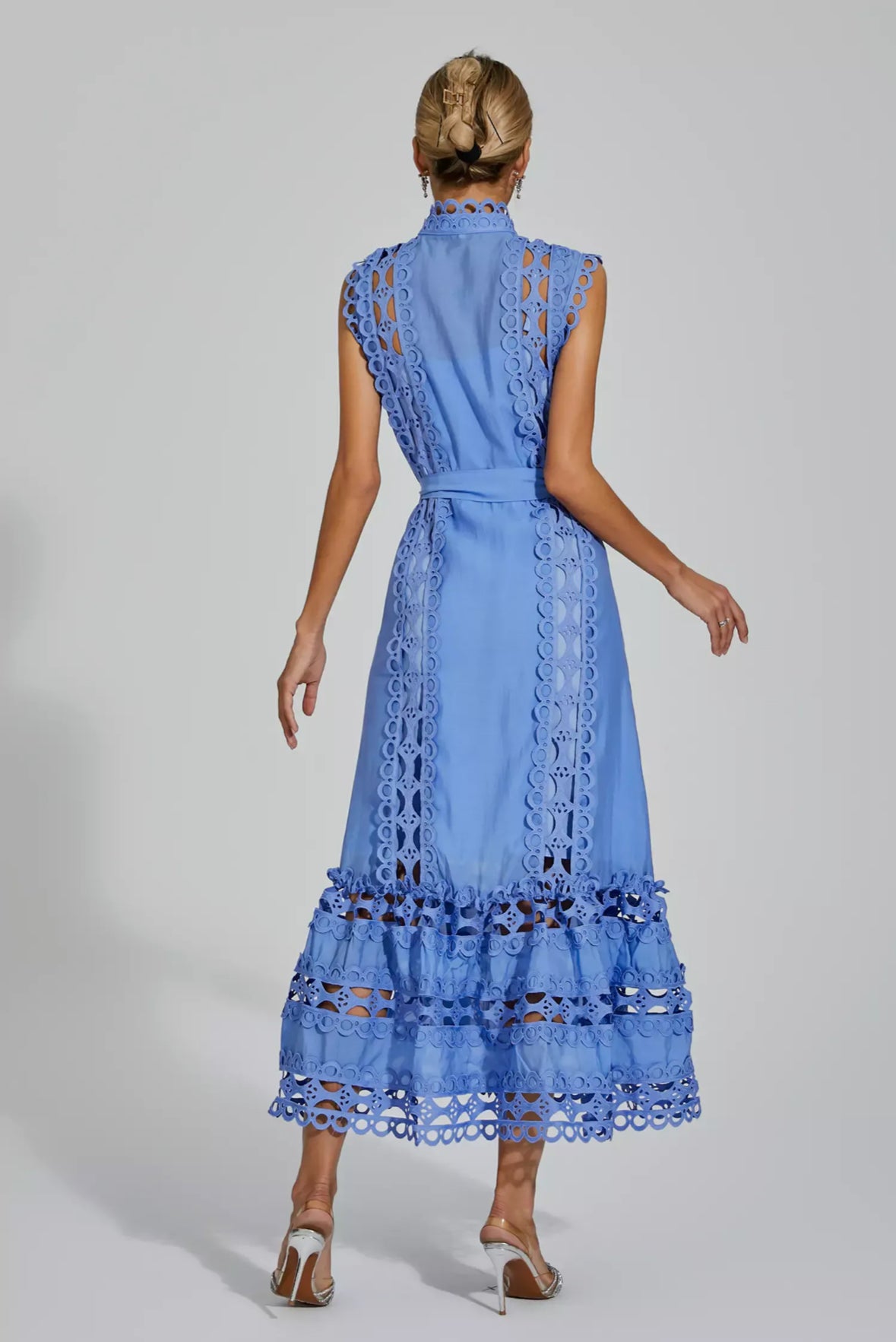 Blue hollow lace maxi dress