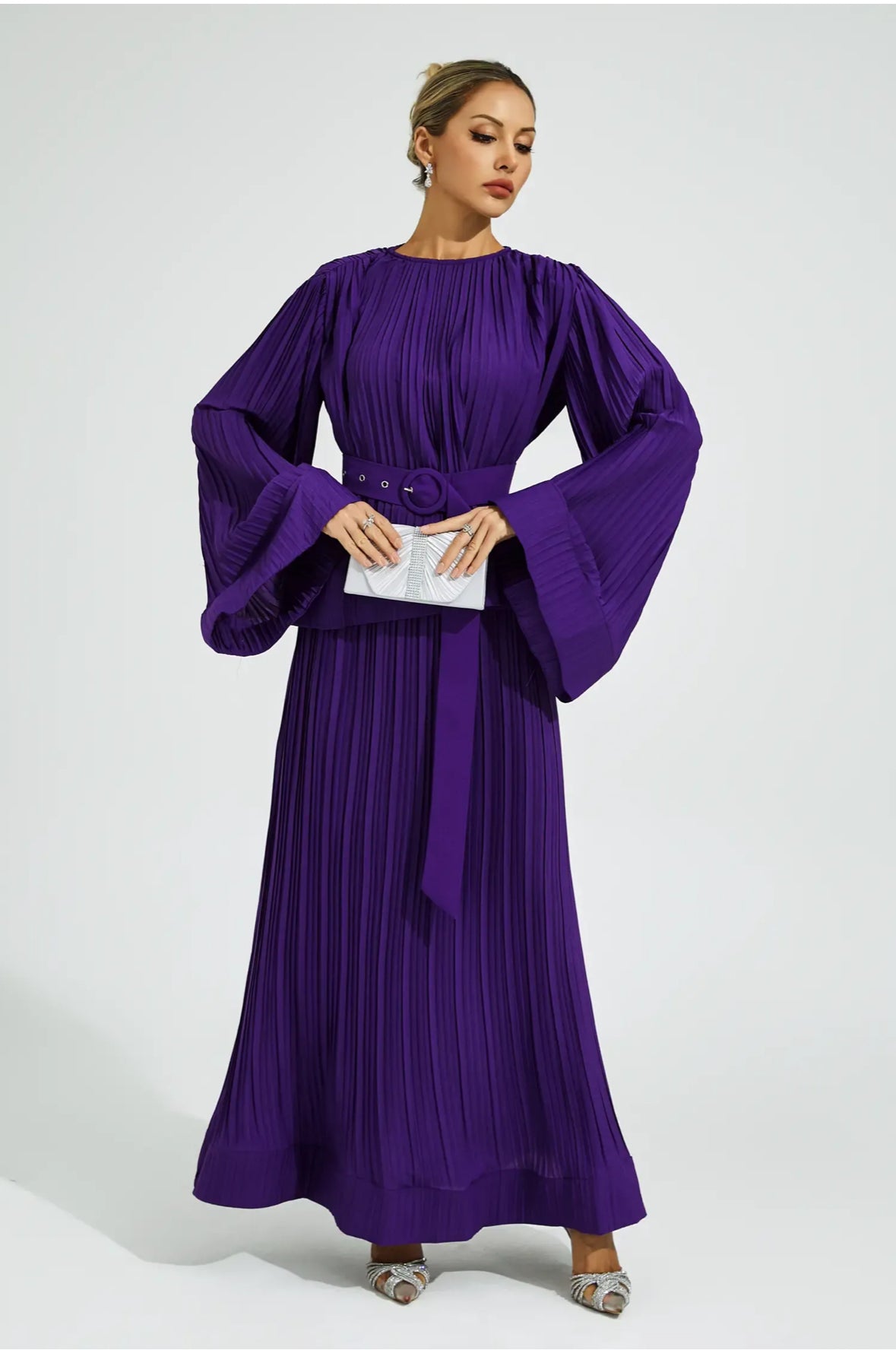 Purple belted flare skirt & top set