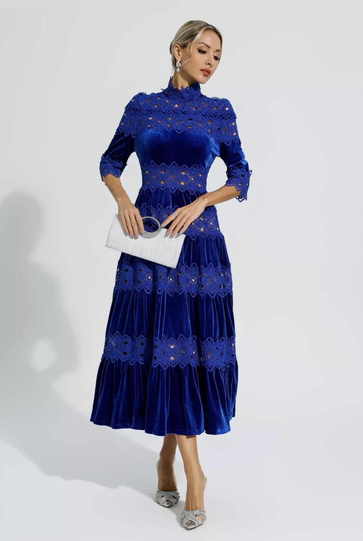 Blue velvet flare maxi dress