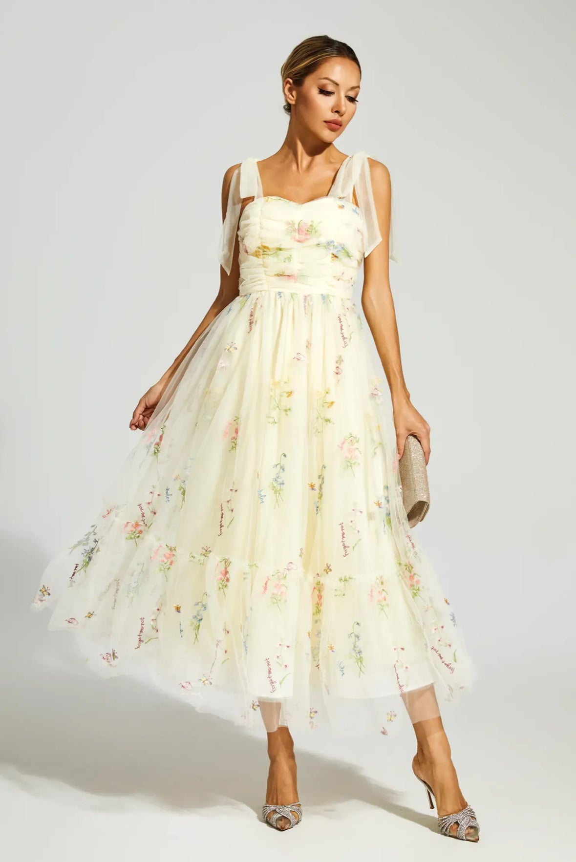 Pale yellow mesh floral midi dress