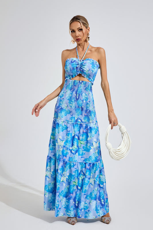 Azure Bloom Smocked Maxi Dress