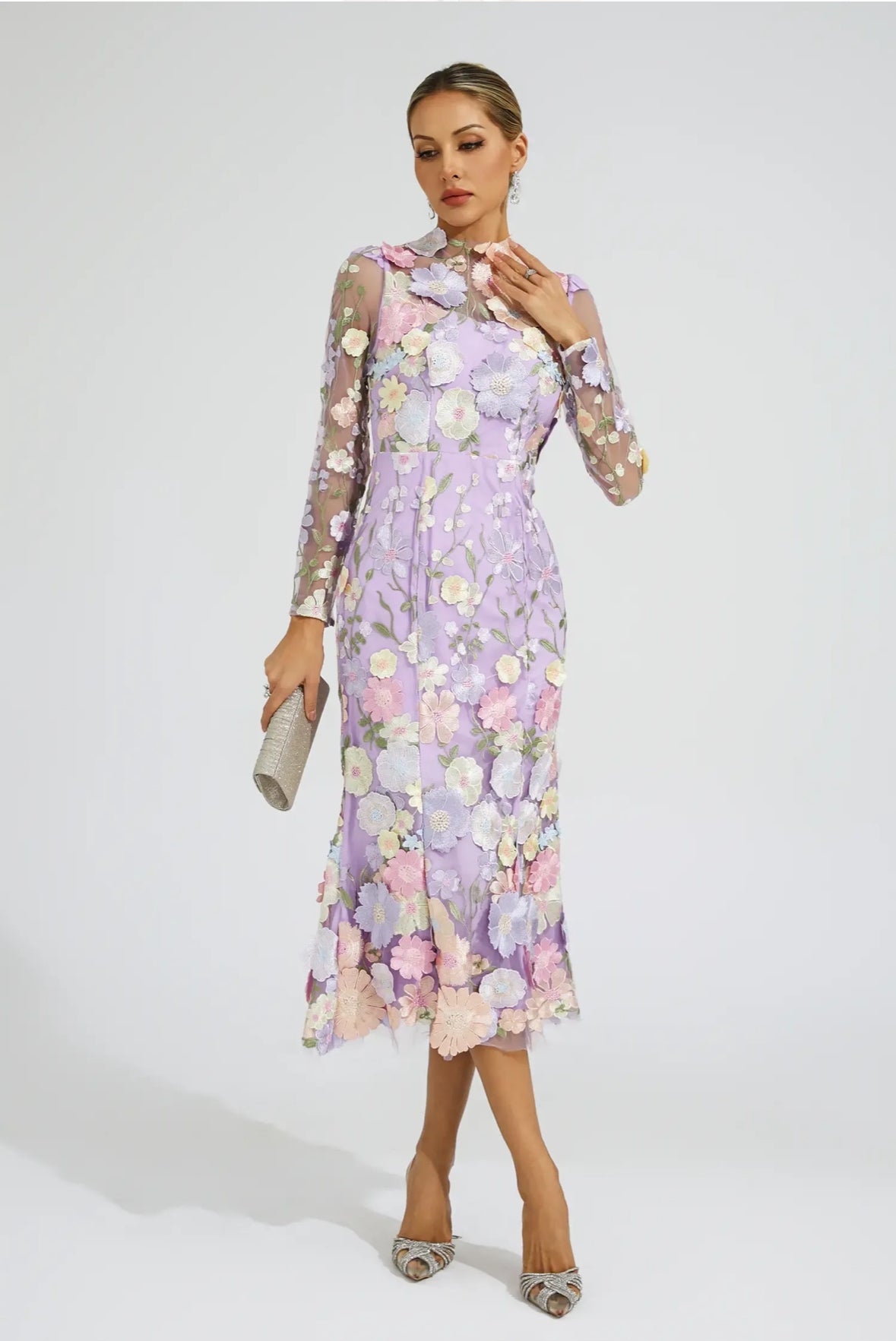 Purple flower embroidered midi dress