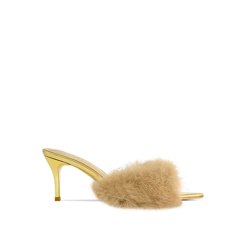 Golden Dream Fur Mule Heels