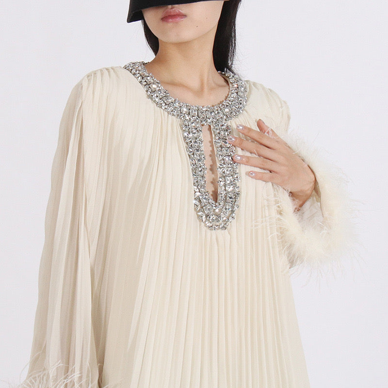 Crystal & feathers embellished mini dress