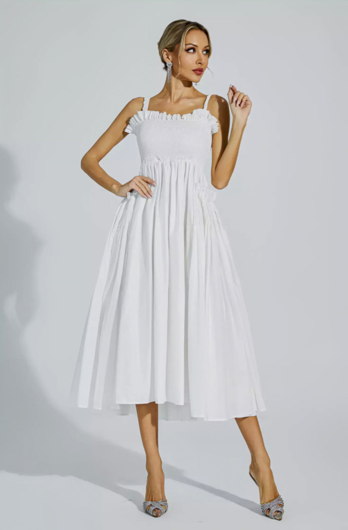 Adele white flare midi dress