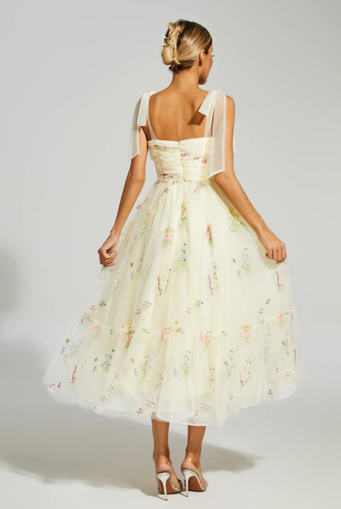 Pale yellow mesh floral midi dress