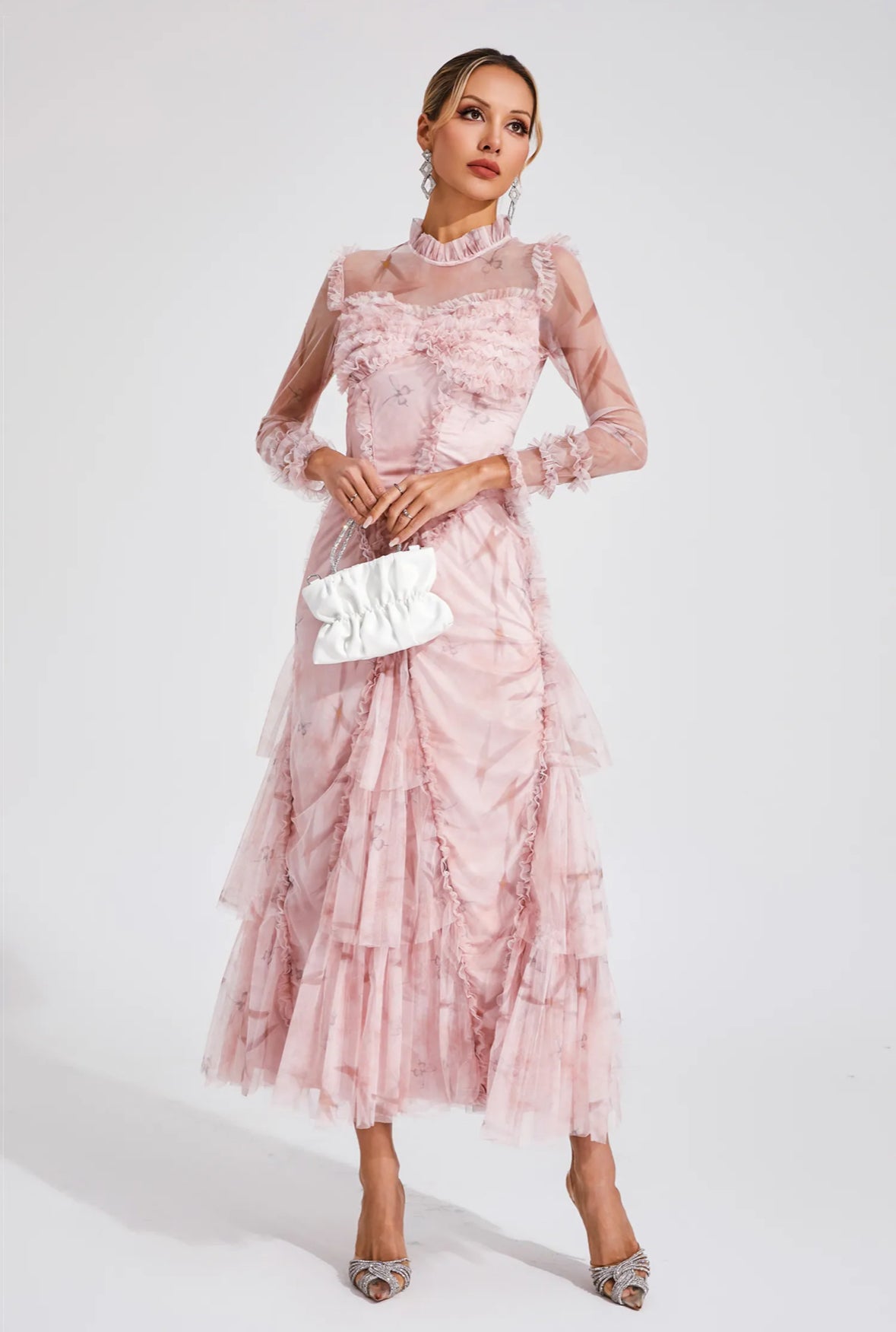 Pink mesh ruched maxi dress