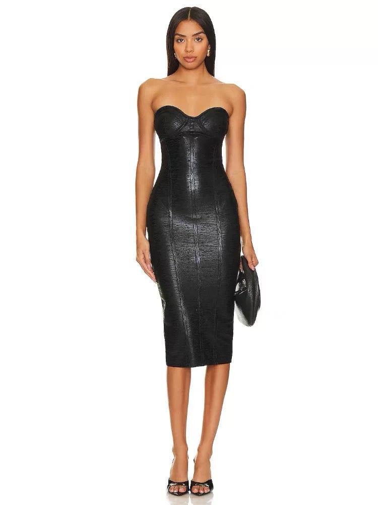 Black faux leather midi dress
