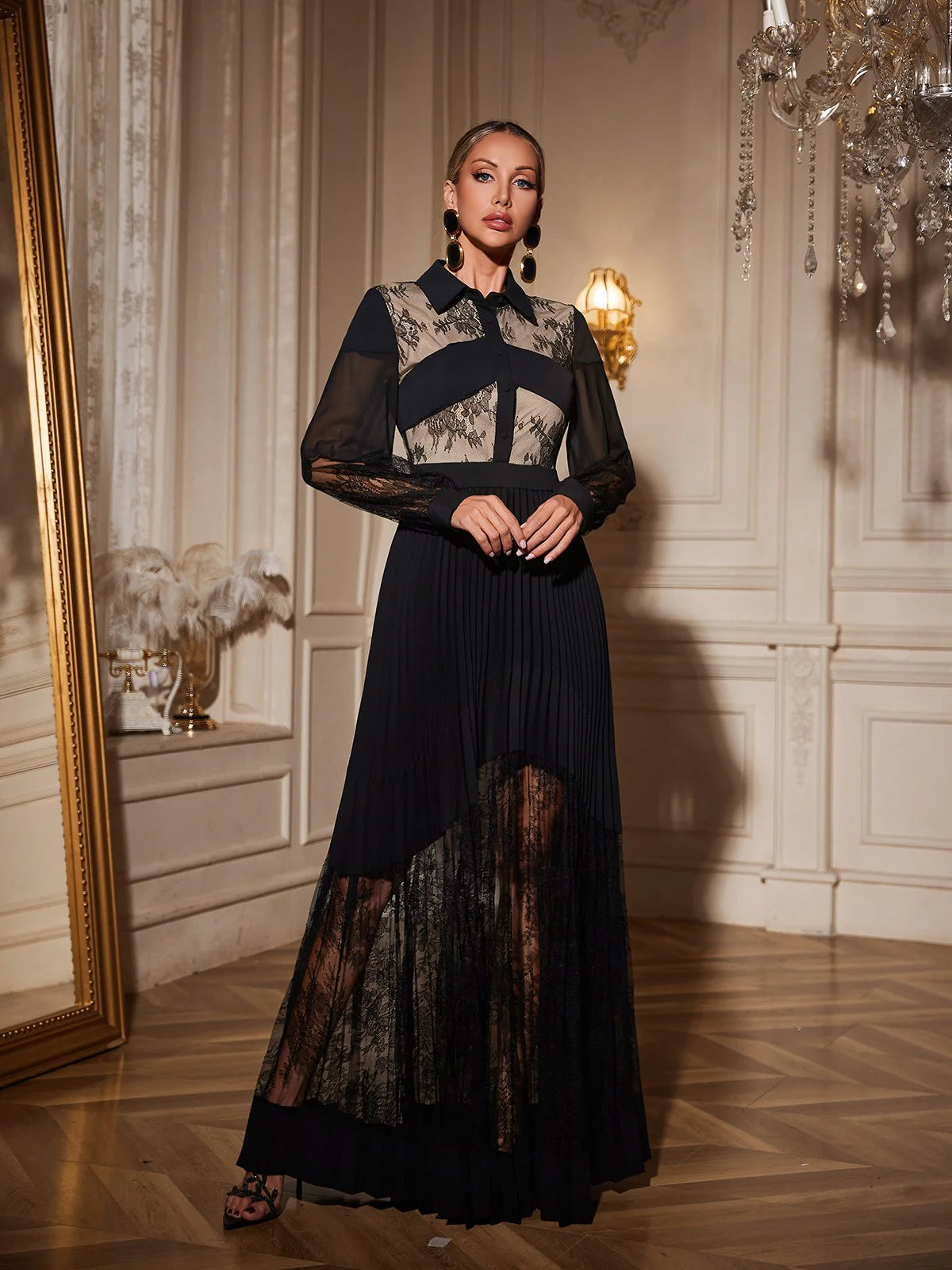 Lace Panel Pleated Shirt Dress