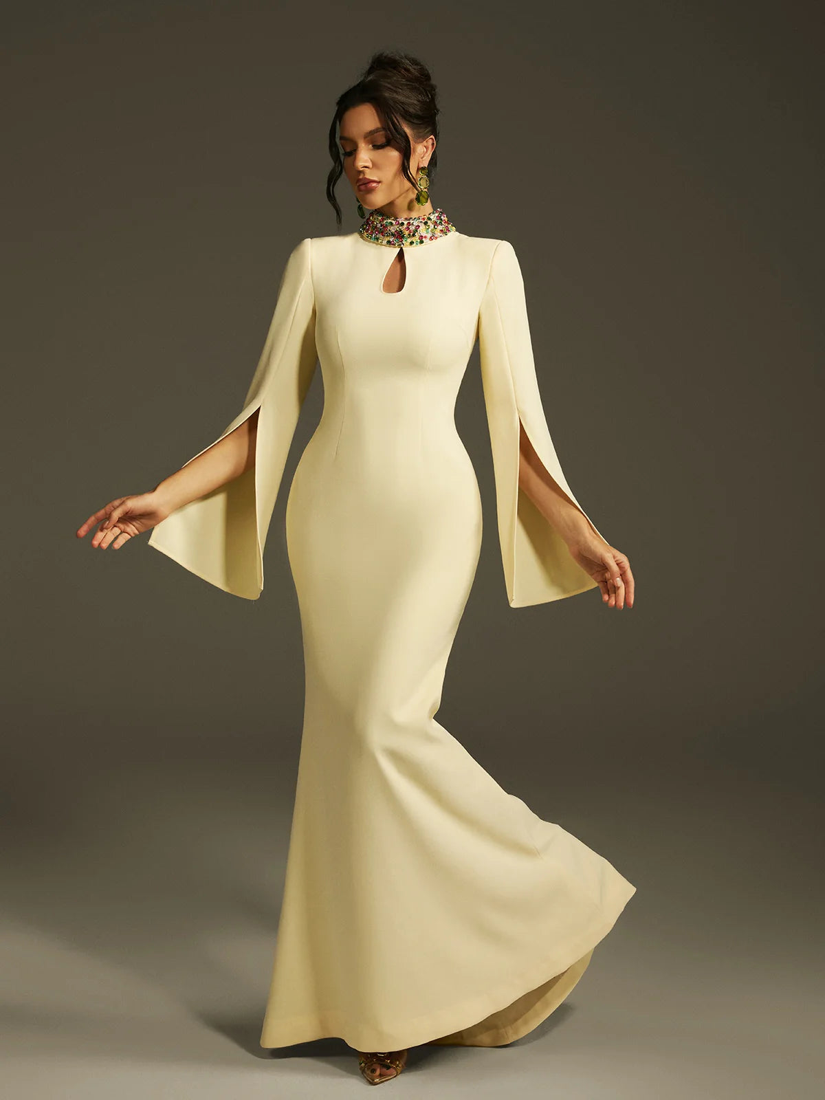 Aurora Crystal Collar Cape Gown