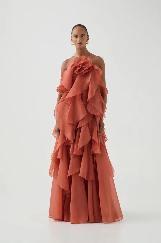 Flower layered backless maxi dress