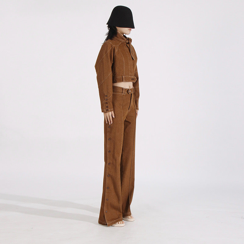 Brown denim side button set