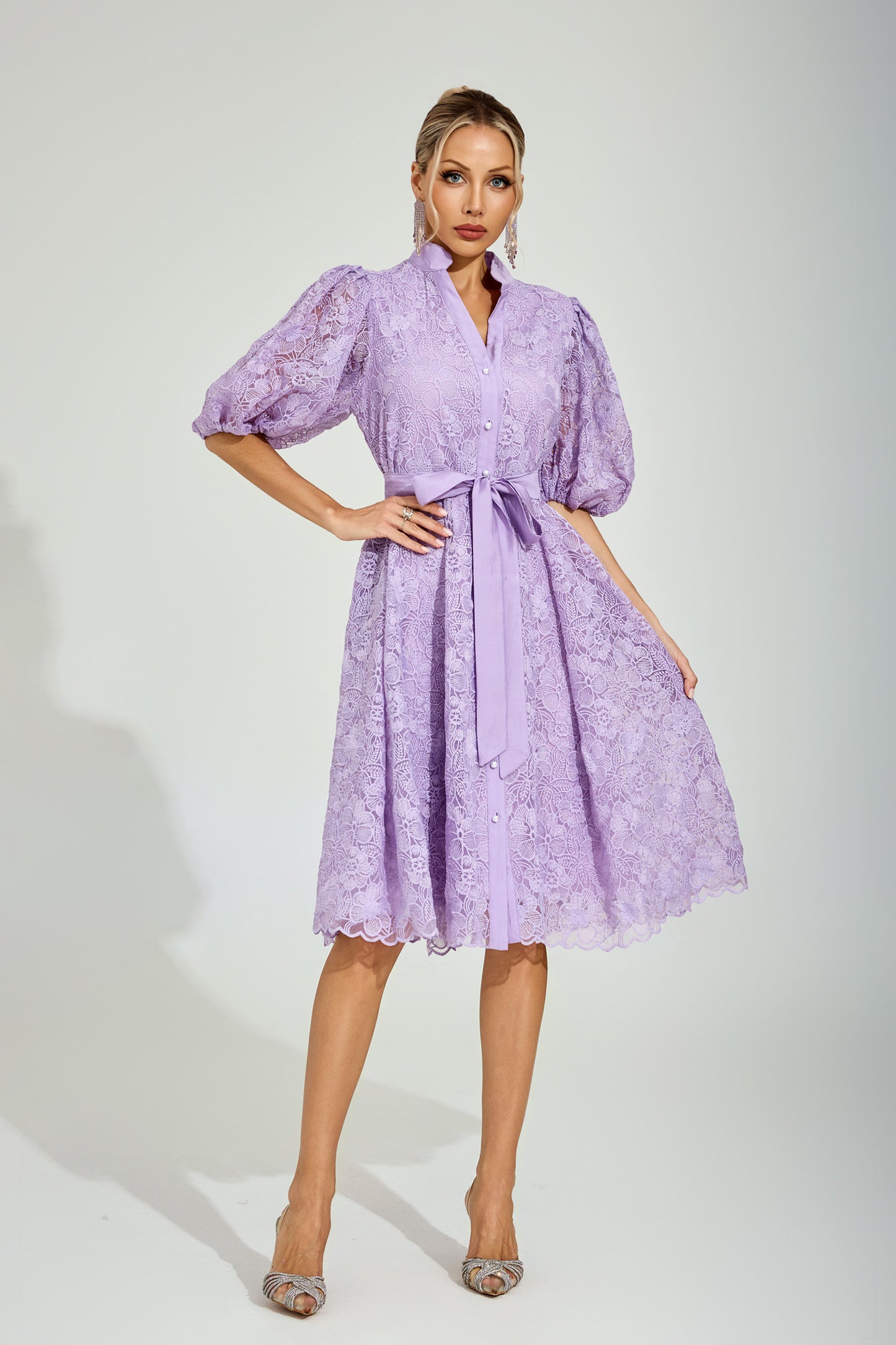 Lilac Bloom Lace Midi Dress
