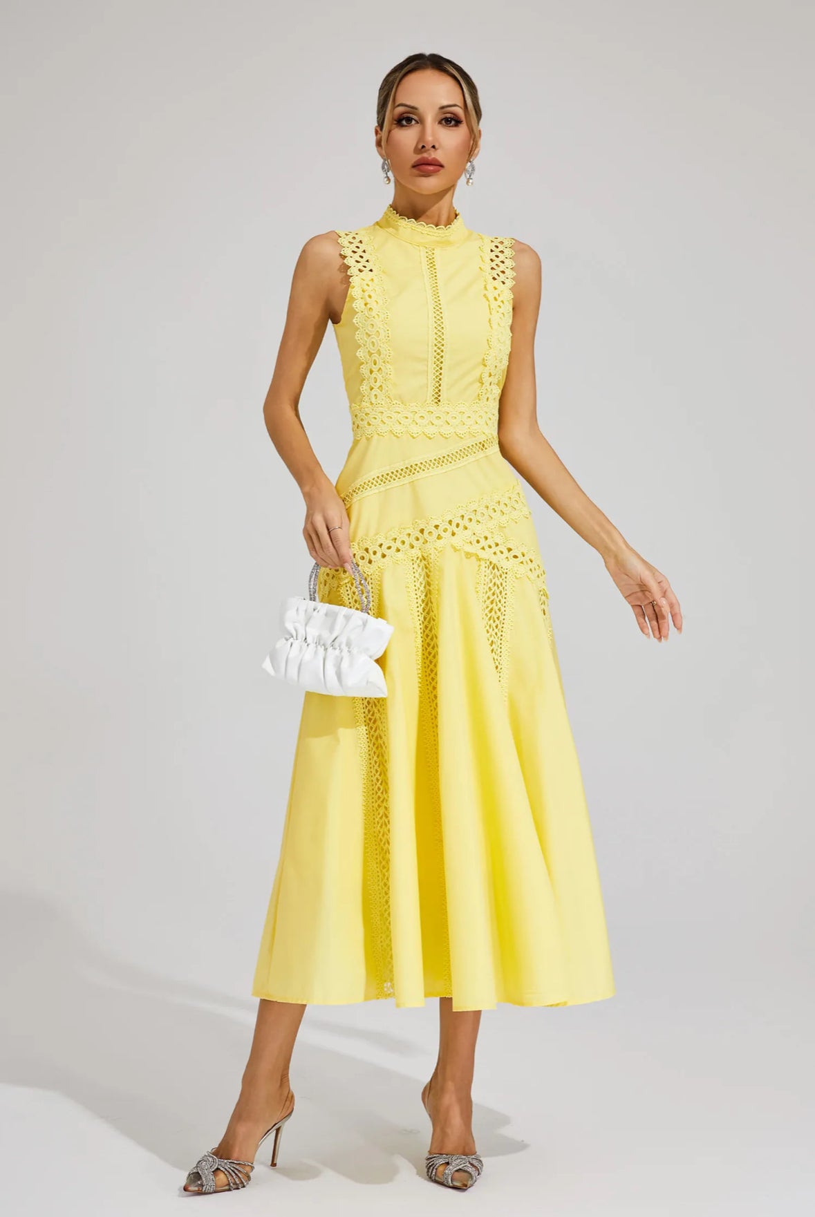Yellow lace sleeveless midi dress