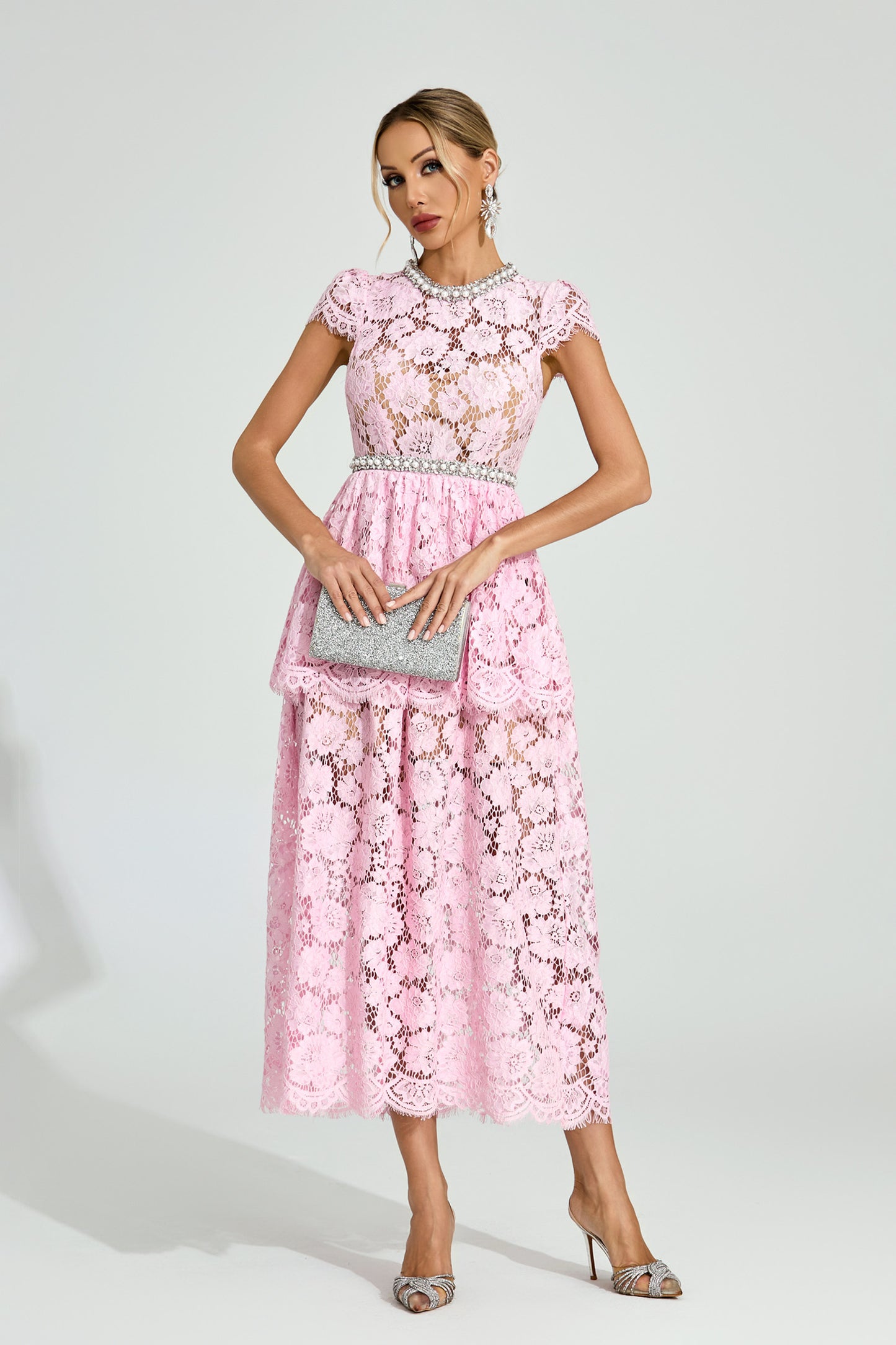 Lila Pink Lace Crystal Trim Midi Dress
