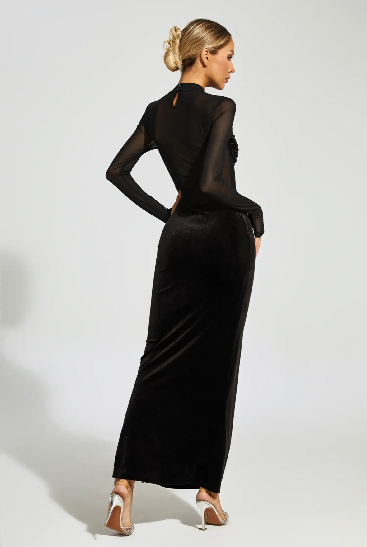 Black velvet mesh maxi dress