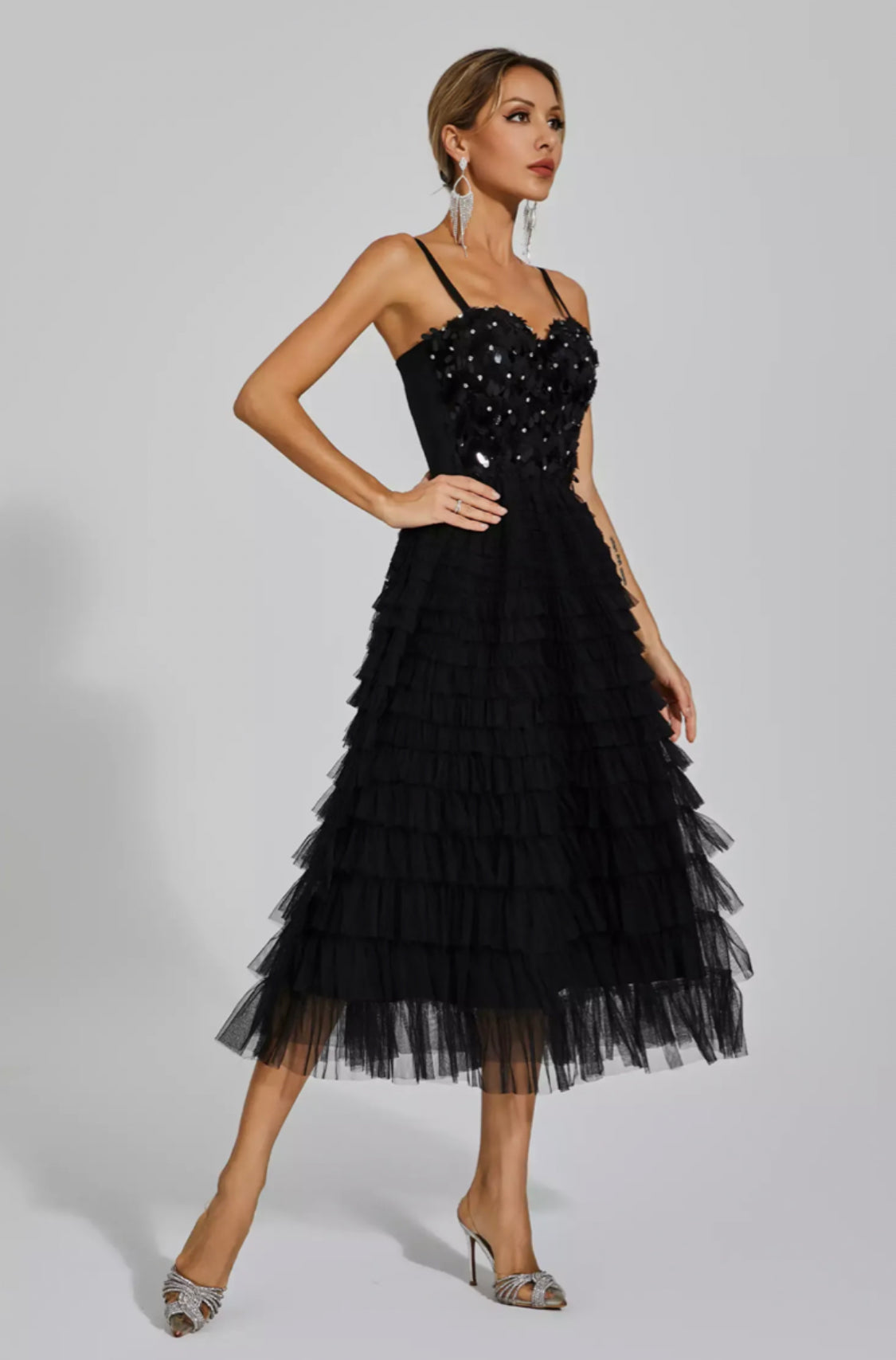 Tatiana black tulle midi dress