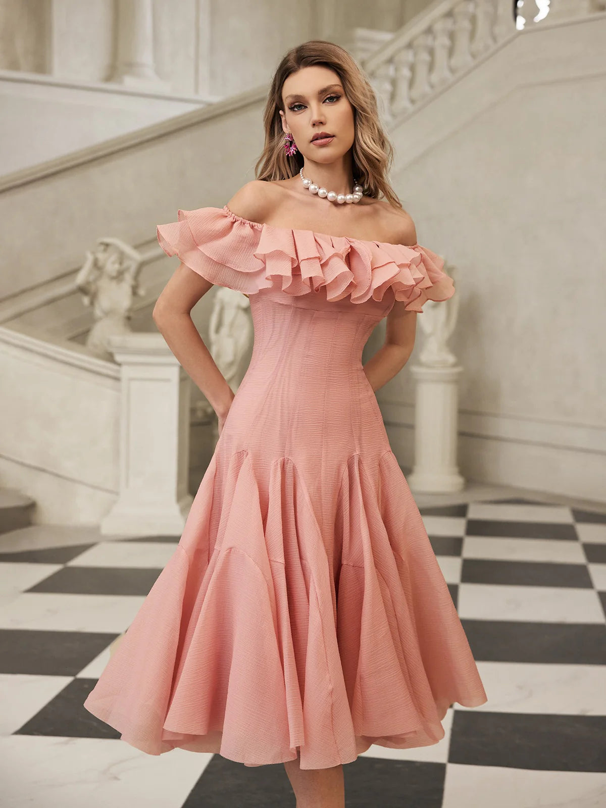 Amélie Off Shoulder Ruffle Midi Dress