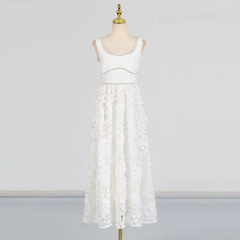 Livia Flower Embroidered Crystal Midi Dress
