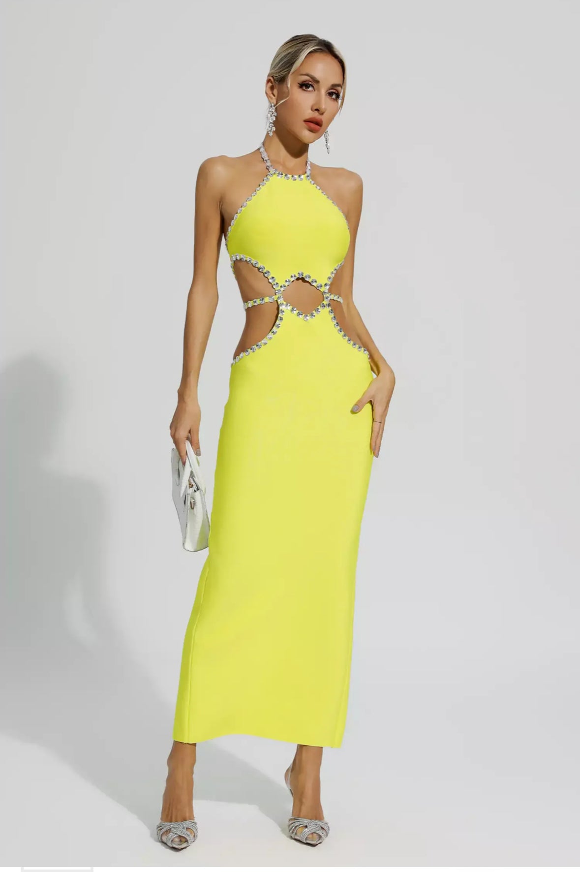 Yellow cutout rhinestone  maxi dress