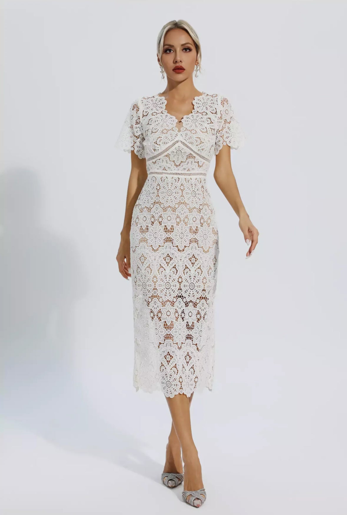 White lace cutout midi dress