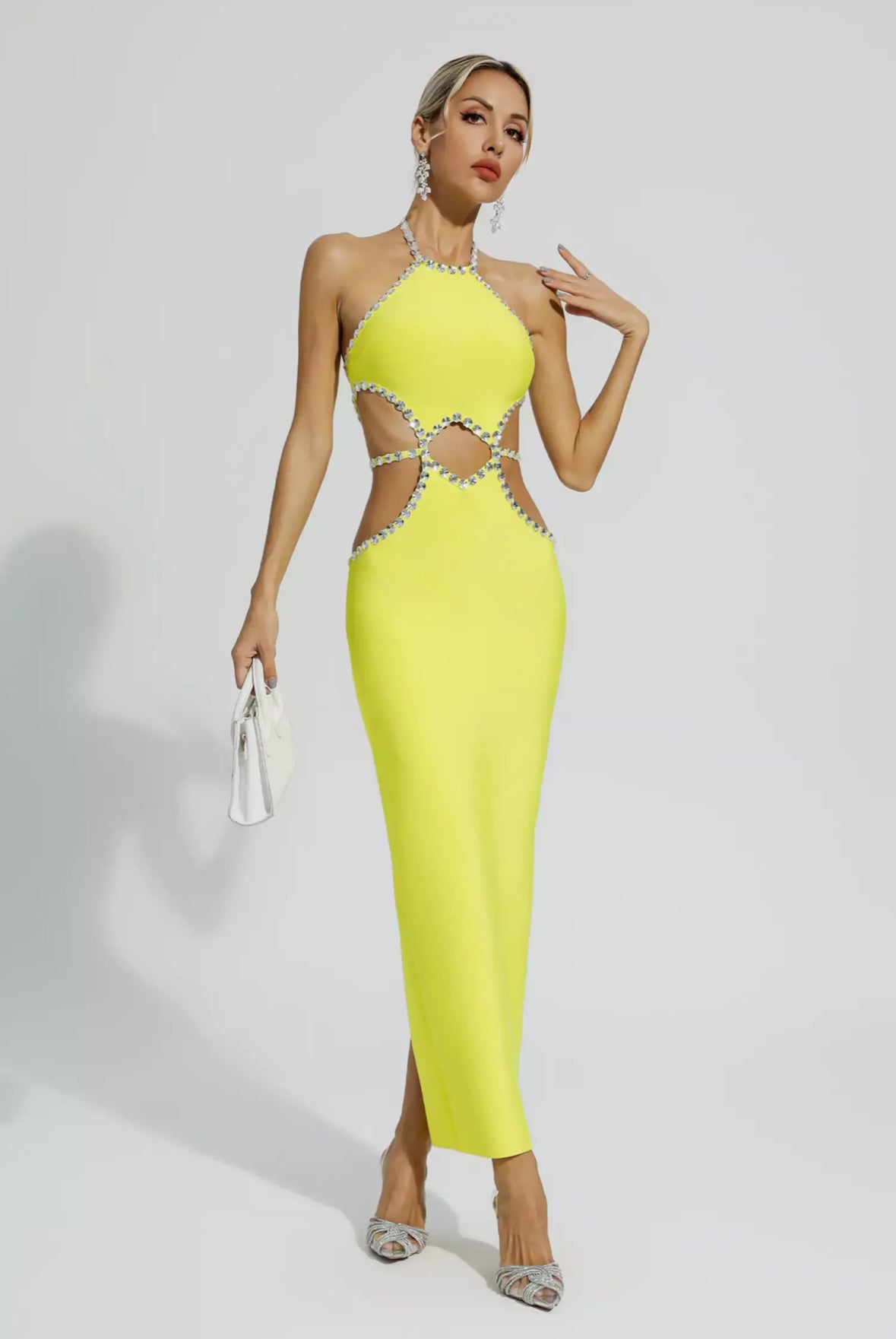 Yellow cutout rhinestone  maxi dress