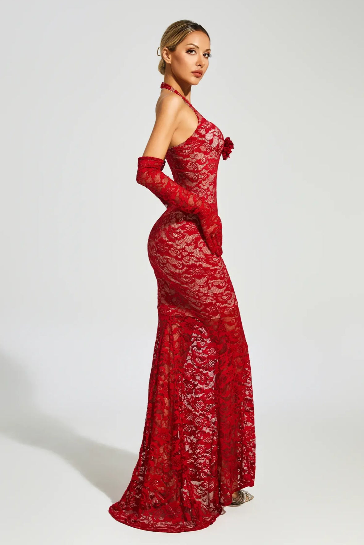 Red lace flower maxi dress