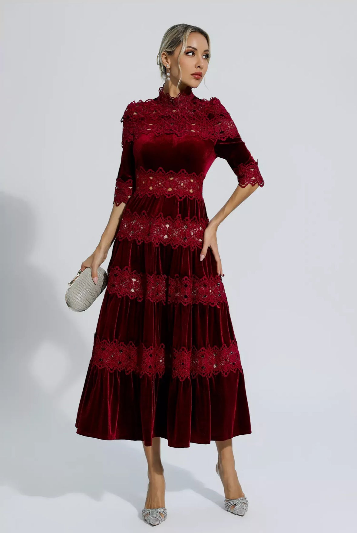 Red velvet flare maxi dress