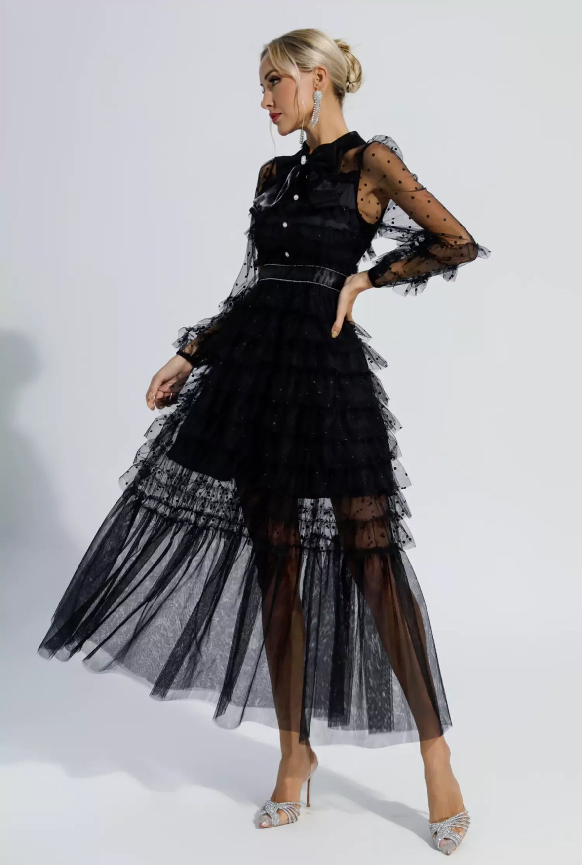 Black polka dot mesh maxi dress size S