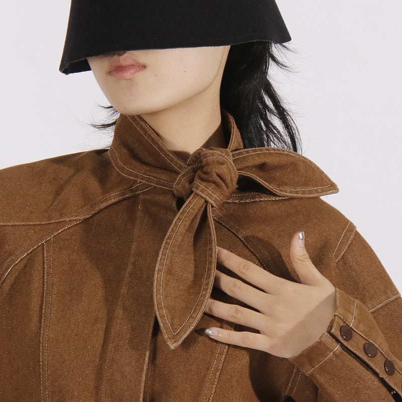 Brown denim side button set