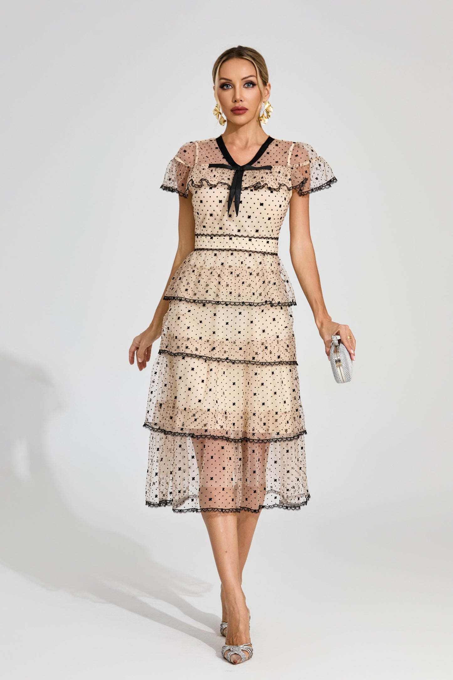 Étoile Noir Tiered Polka Dot Lace Midi Dress
