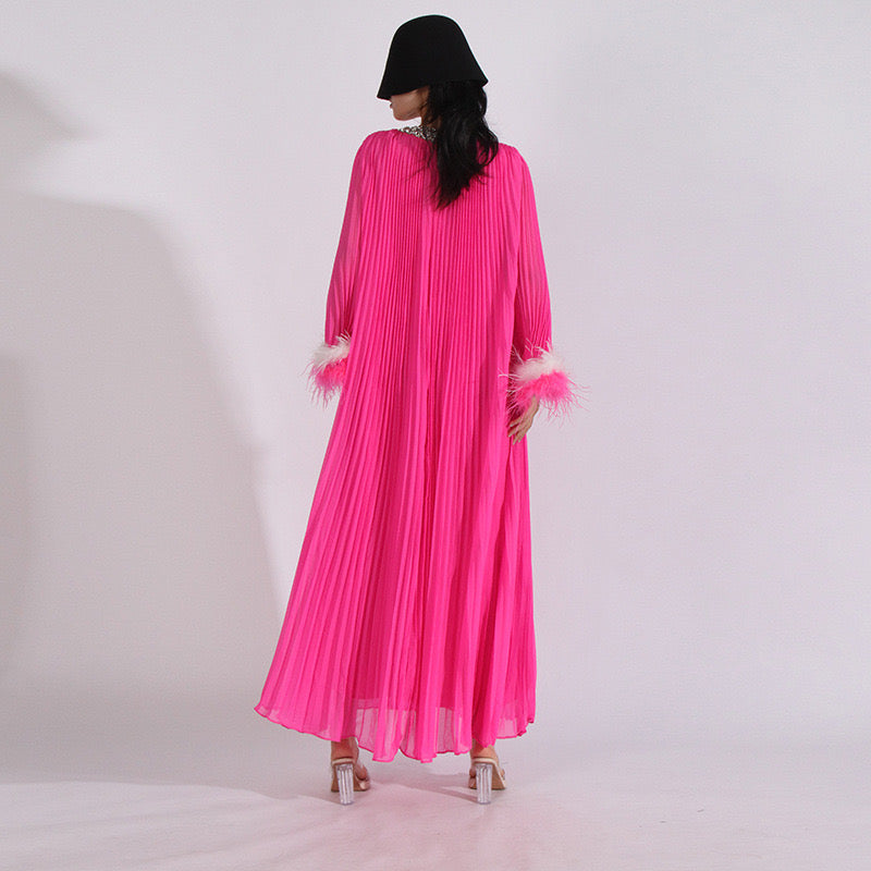 Crystal & feathers embellished pink maxi dress