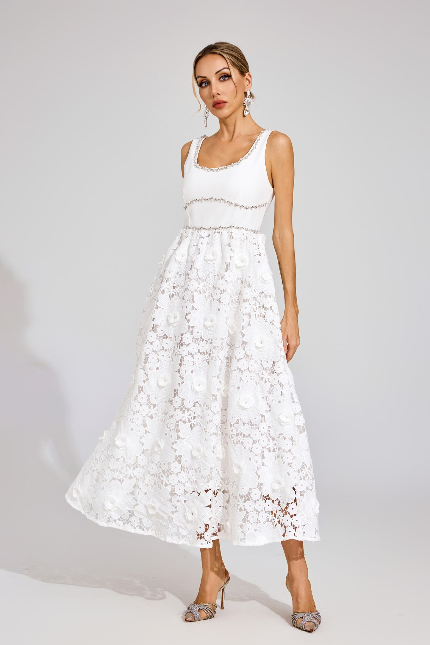 Livia Flower Embroidered Crystal Midi Dress