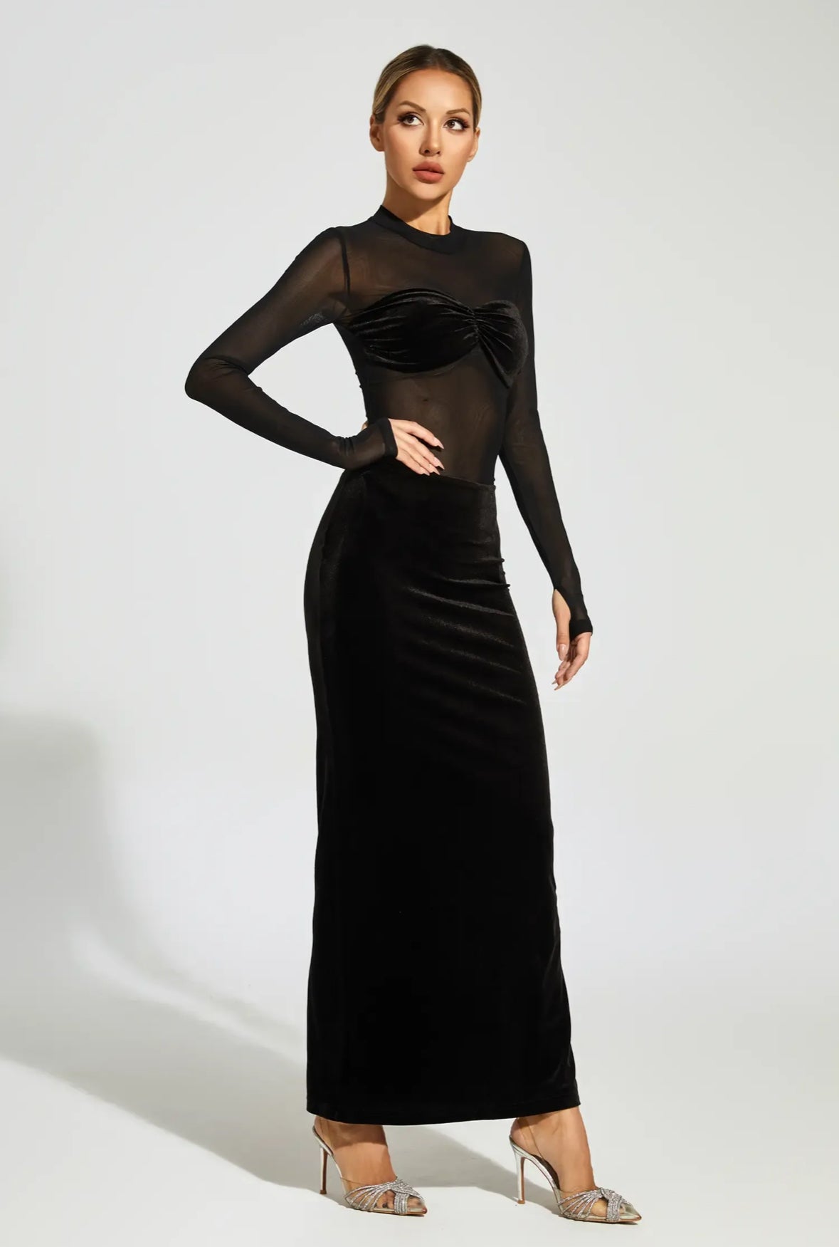 Black velvet mesh maxi dress