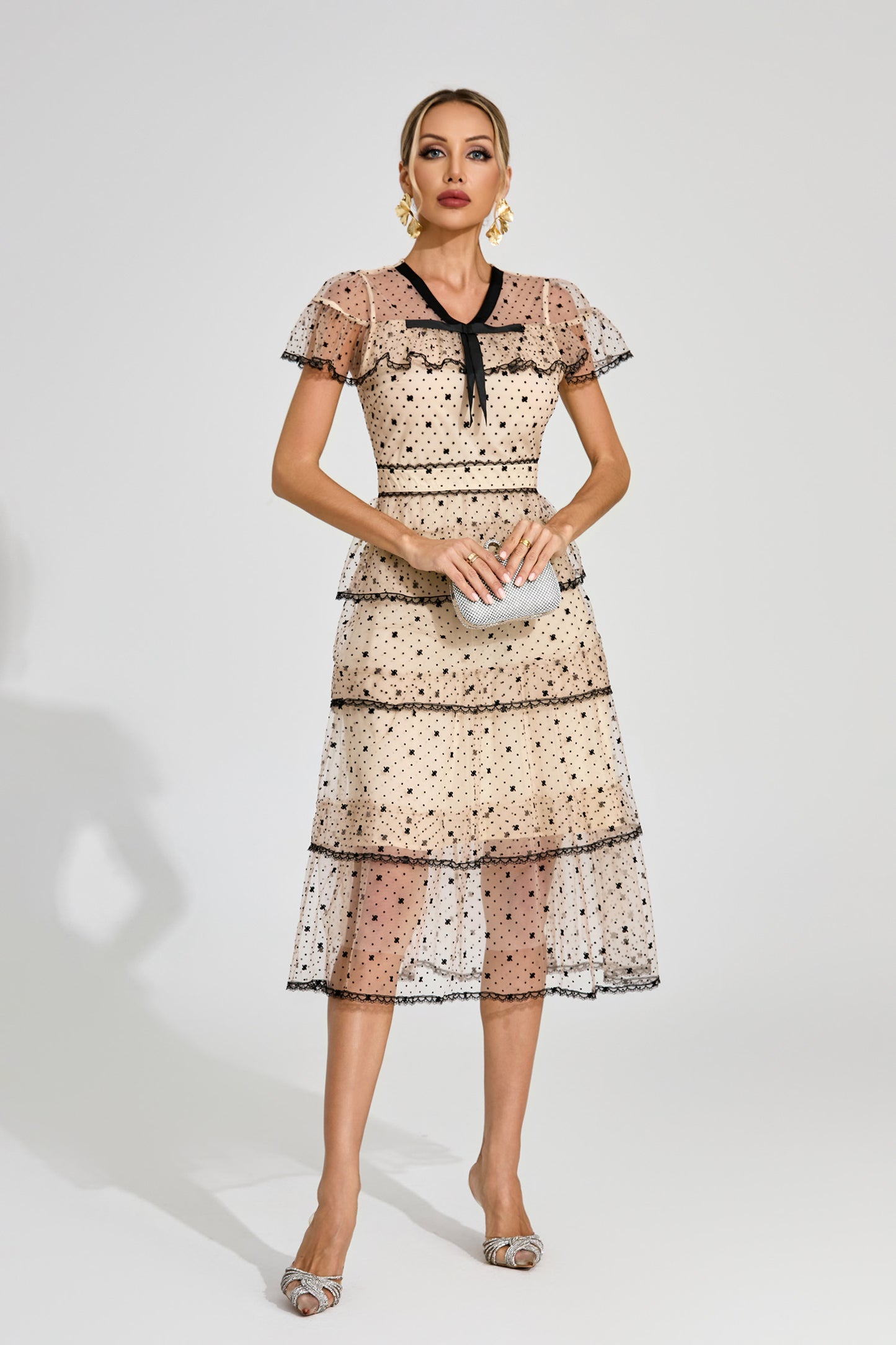 Étoile Noir Tiered Polka Dot Lace Midi Dress