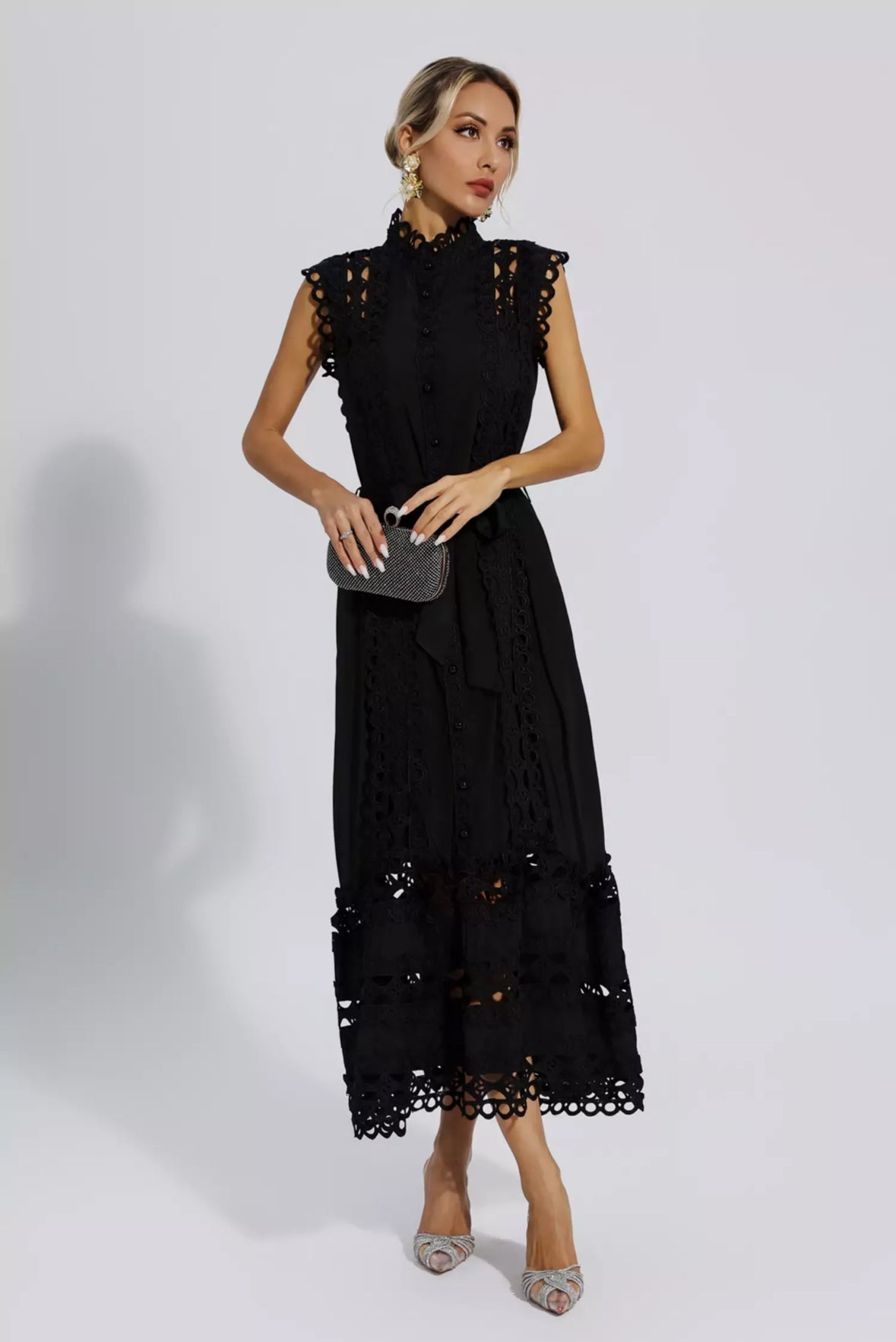 White hollow lace maxi dress