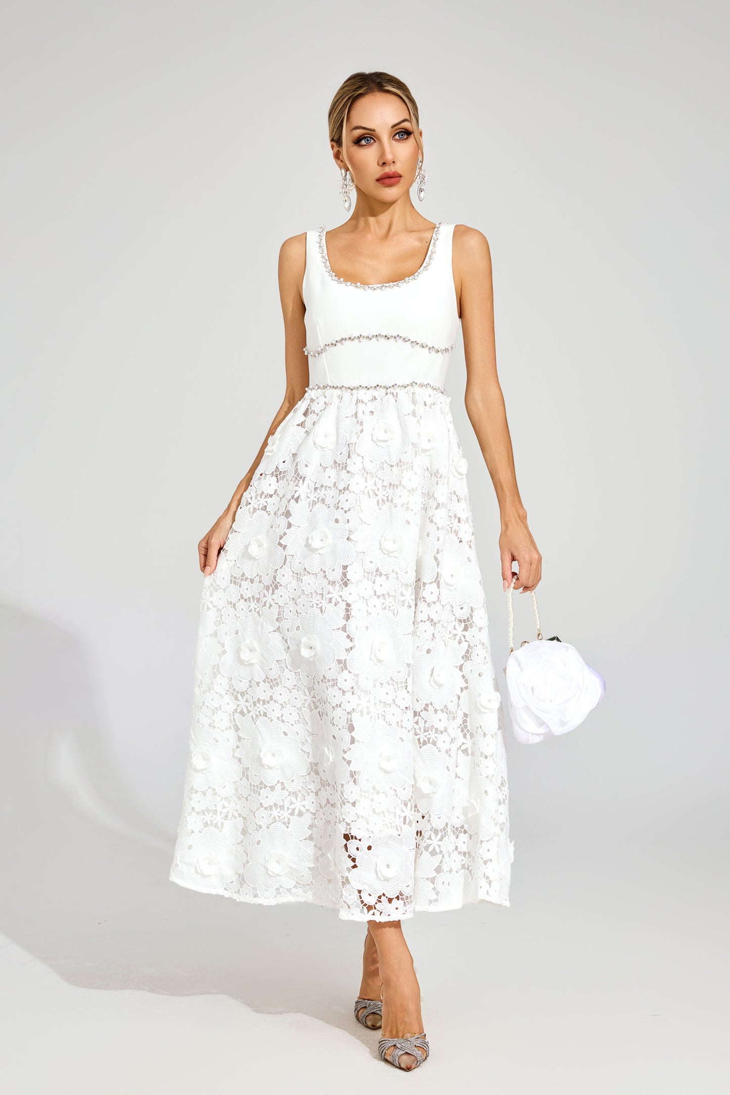 Livia Flower Embroidered Crystal Midi Dress