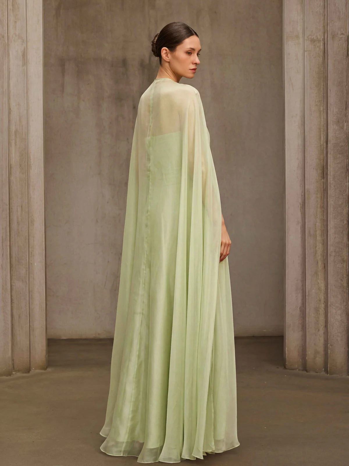 Sage Embroidered Cape Gown