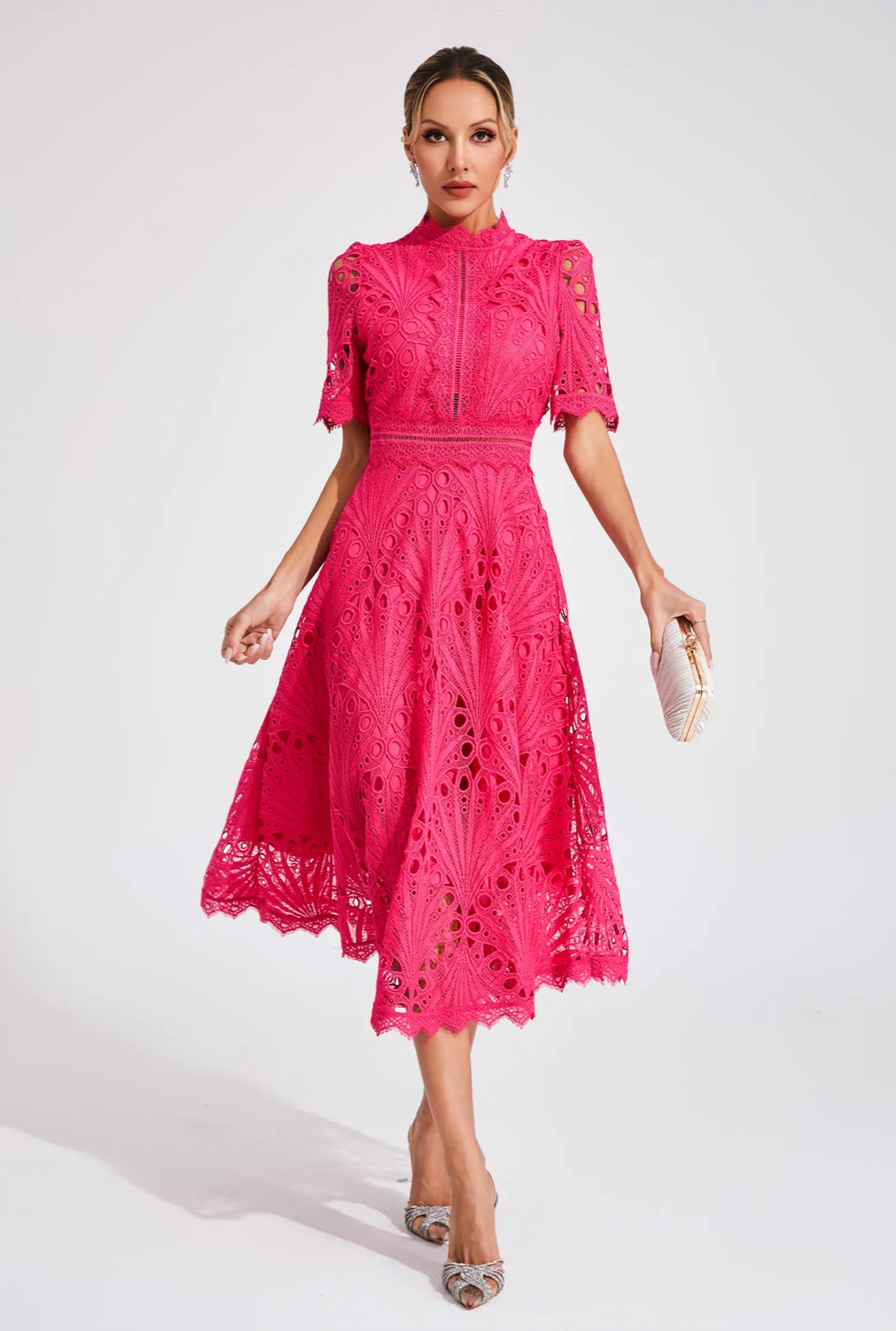 Cutout lace pink midi dress