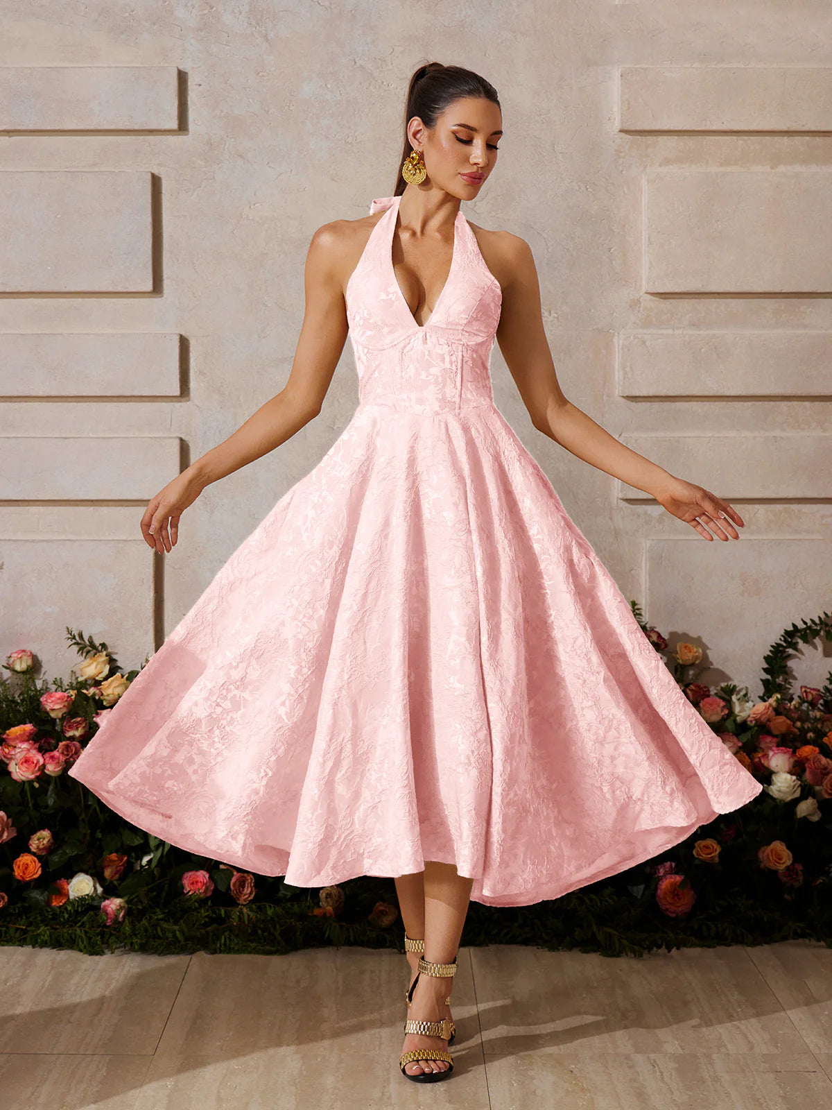 pink halter midi dress Plus Size Backless Corset Waist Jacquard Deep V-Neck, Ellington Midi Dress in Pink, Size 1X,