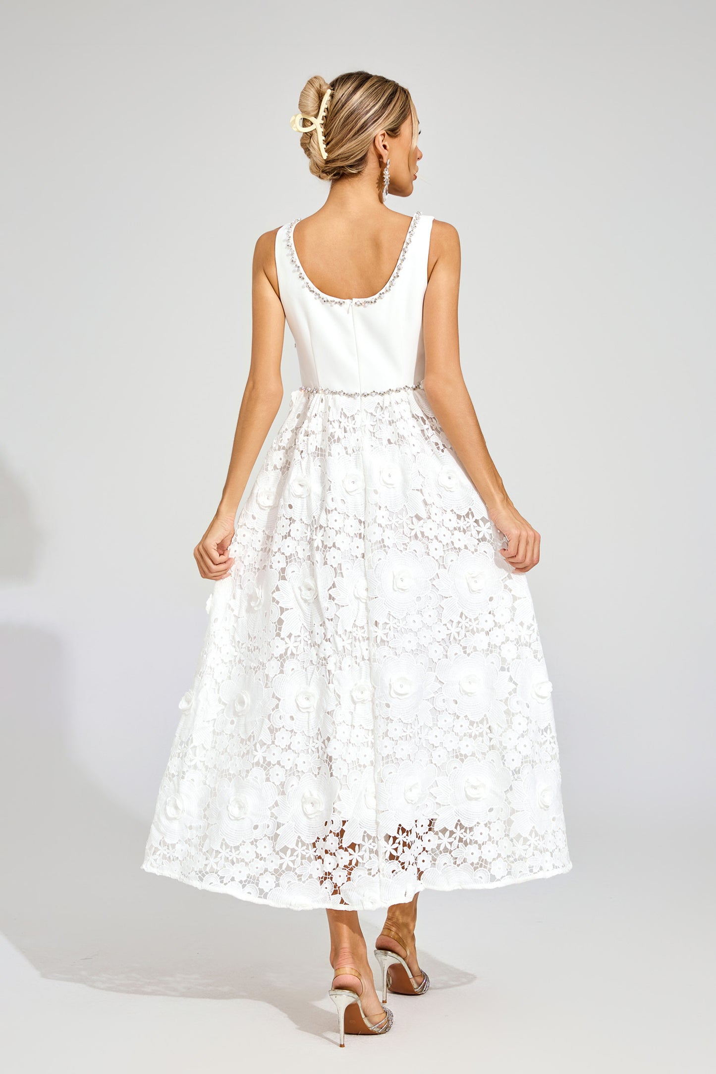 Livia Flower Embroidered Crystal Midi Dress