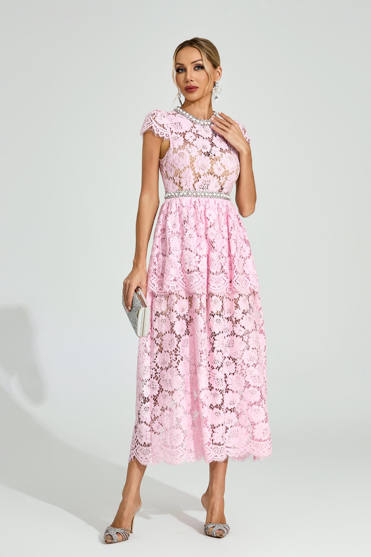 Lila Pink Lace Crystal Trim Midi Dress
