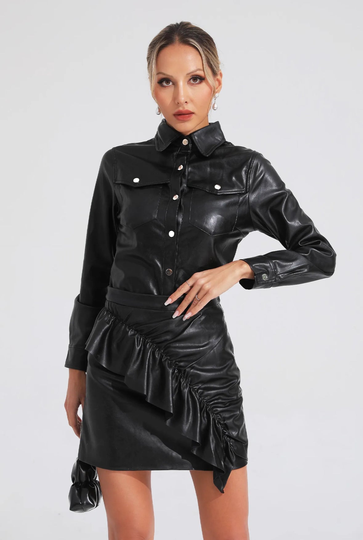 Black leather shirt & skirt set