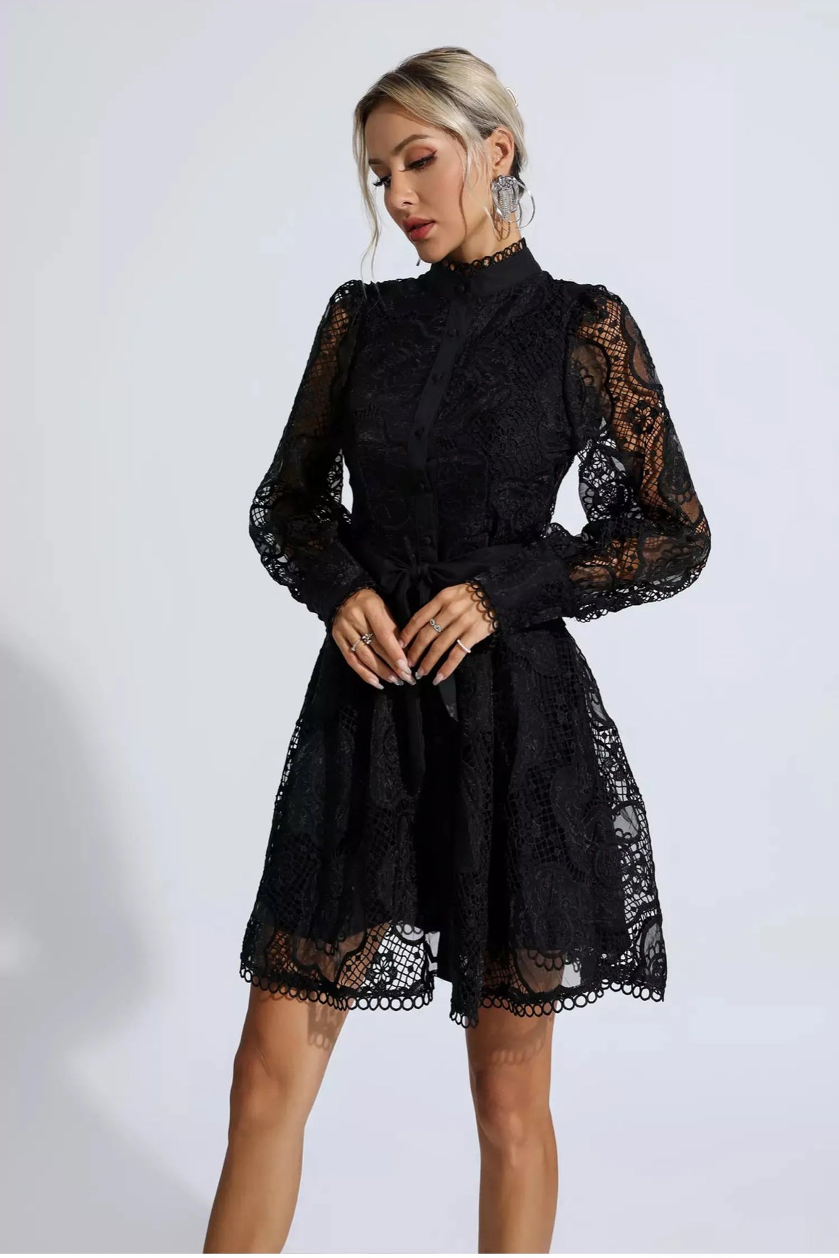 Floral lace tied black  mini dress