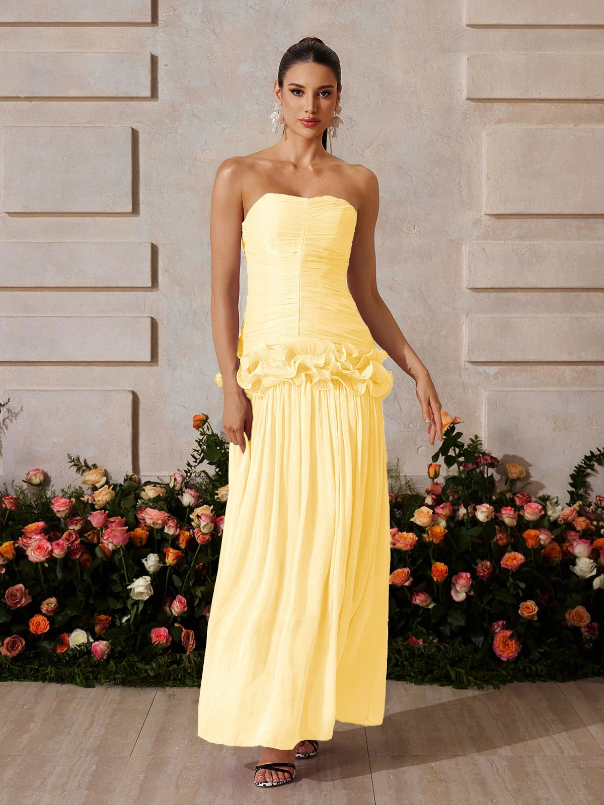 Lila Bloom Ruffle Strapless Gown