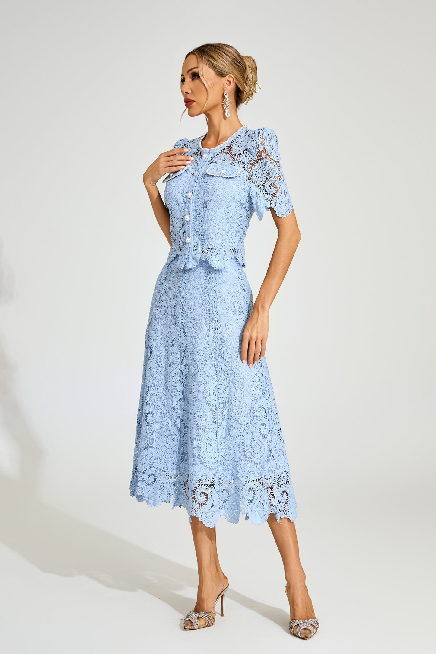 Amélie Sky Lace Midi Skirt & Top Set