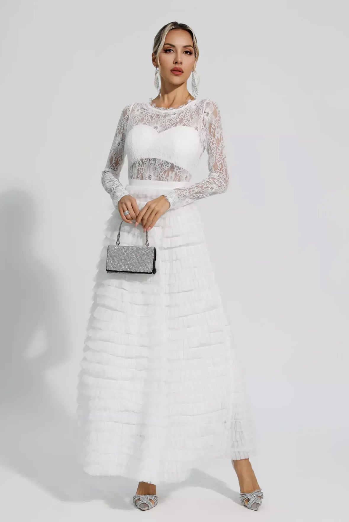 Lace white tulle maxi dress