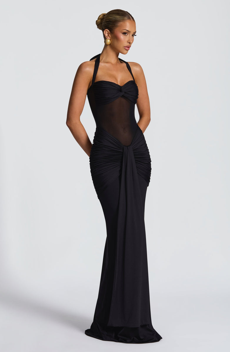 Soleil Illusion Draped Halter Gown