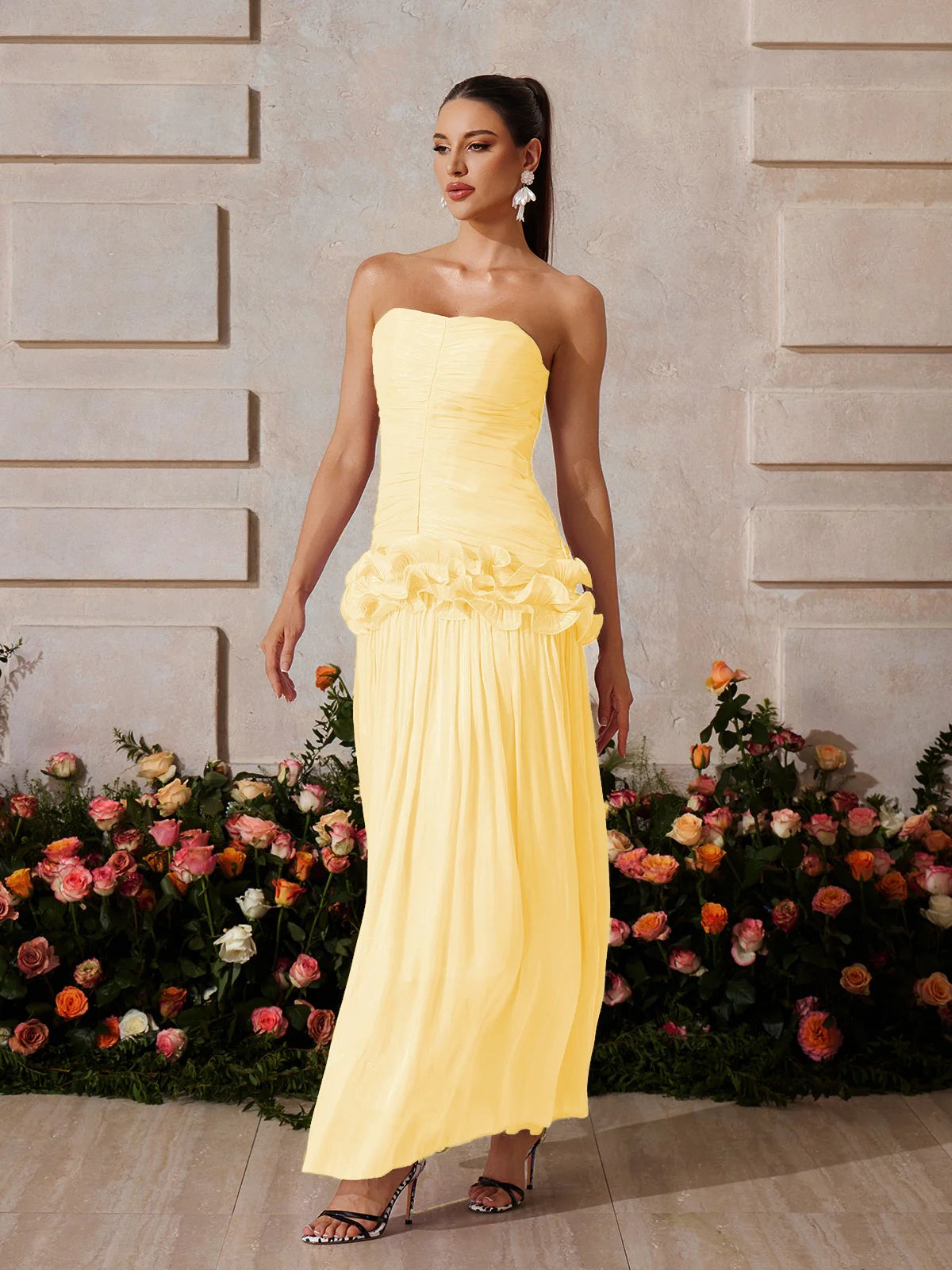 Lila Bloom Ruffle Strapless Gown
