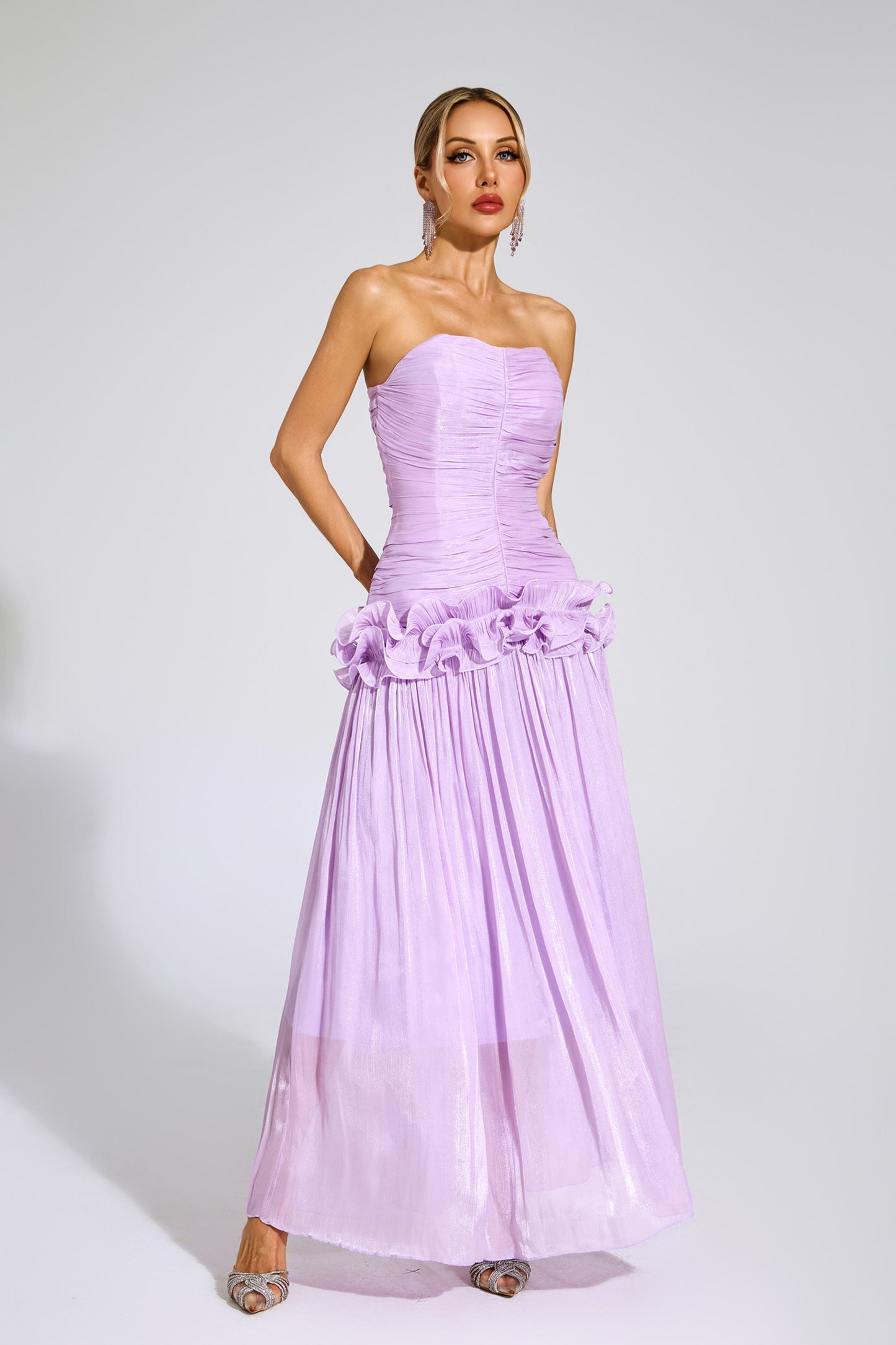 Lila Bloom Ruffle Strapless Gown